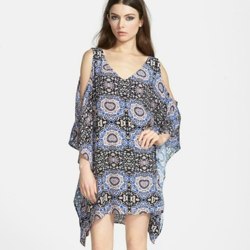 ASTR Blue Black Print Cold Shoulder Handkerchief Shift Mini Dress Tunic Coverup